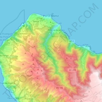 Mapa topográfico Porto Moniz, altitud, relieve