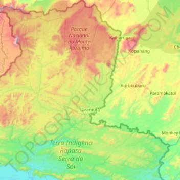 Mapa topográfico Uiramutã, altitud, relieve