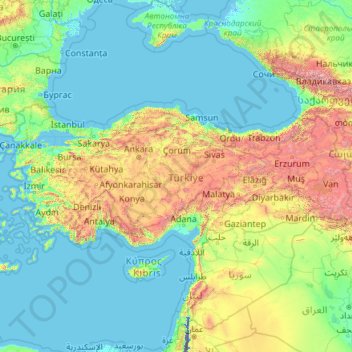 Mapa topográfico Turkey, altitud, relieve