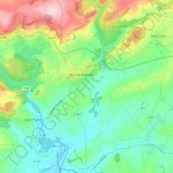 Mapa topográfico Mûr-de-Bretagne, altitud, relieve