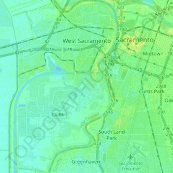 Mapa topográfico West Sacramento, altitud, relieve