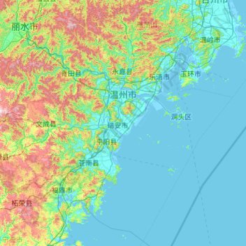 Mapa topográfico 温州市, altitud, relieve