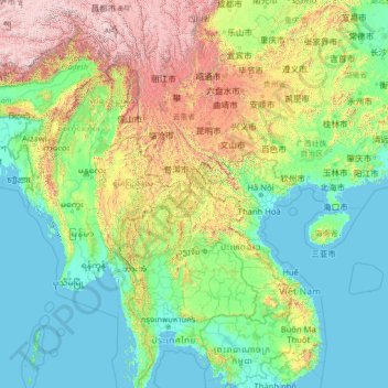 Mapa topográfico 瀾滄江 Lancang - Mekong - แม่น้ำโขง, altitud, relieve