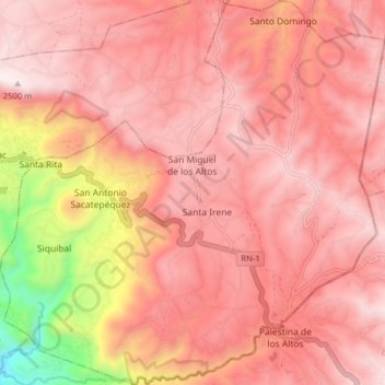 Mapa topográfico San Antonio Sacatepéquez, altitud, relieve