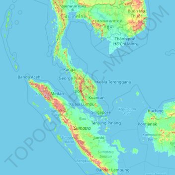Mapa topográfico Malasia, altitud, relieve