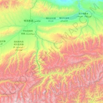 Mapa topográfico 特克斯县, altitud, relieve
