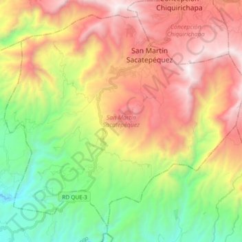 Mapa topográfico San Martín Sacatepéquez, altitud, relieve