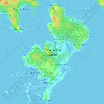 Mapa topográfico Cape Sable Island, altitud, relieve