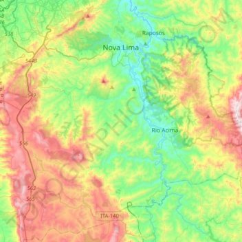 Mapa topográfico Nova Lima, altitud, relieve