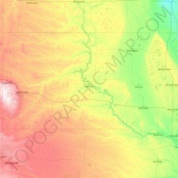 Mapa topográfico South Dakota, altitud, relieve
