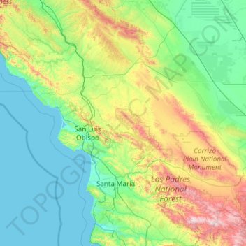 Mapa topográfico San Luis Obispo County, altitud, relieve
