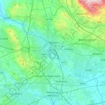 Mapa topográfico Wigan, altitud, relieve