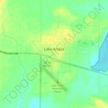 Mapa topográfico Lake Andes, altitud, relieve