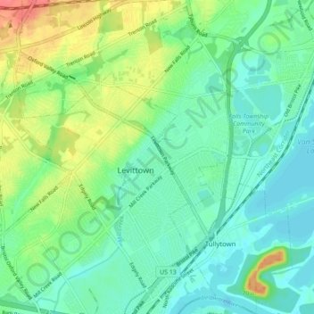 Mapa topográfico Levittown, altitud, relieve
