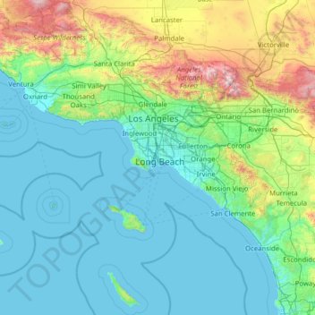 Mapa topográfico Condado de Los Ángeles, altitud, relieve