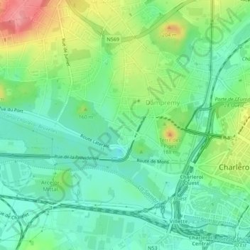 Mapa topográfico Dampremy, altitud, relieve