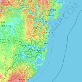 Mapa topográfico Sydney, altitud, relieve