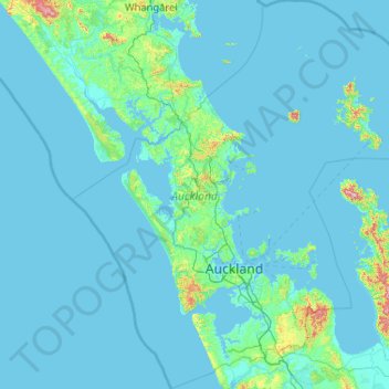 Mapa topográfico Auckland, altitud, relieve