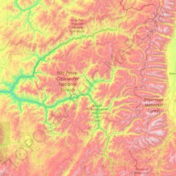 Mapa topográfico Selway-Bitterroot Wilderness Area, altitud, relieve