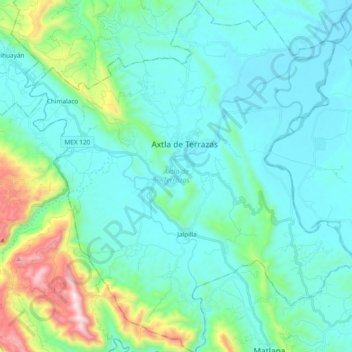 Mapa topográfico Axtla de Terrazas, altitud, relieve