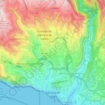 Mapa topográfico Câmara de Lobos, altitud, relieve