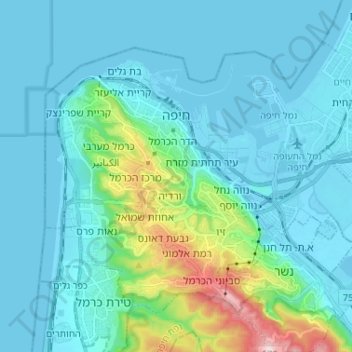 Mapa topográfico Haifa, altitud, relieve