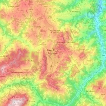 Mapa topográfico Pavullo nel Frignano, altitud, relieve