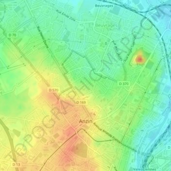 Mapa topográfico Anzin, altitud, relieve