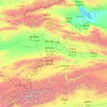 Mapa topográfico 伊犁哈萨克自治州, altitud, relieve