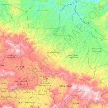 Mapa topográfico Totonicapán, altitud, relieve