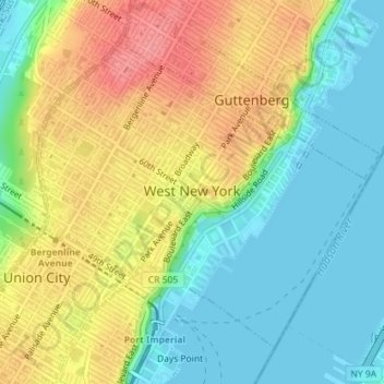 Mapa topográfico West New York, altitud, relieve