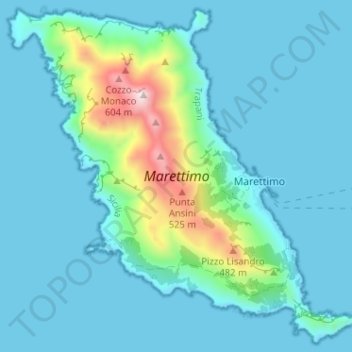 Mapa topográfico Marettimo, altitud, relieve