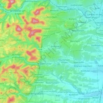 Mapa topográfico Kaiserbach, altitud, relieve