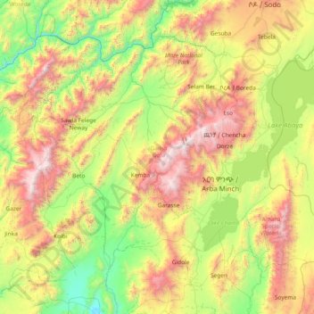 Mapa topográfico Gamo Gofa, altitud, relieve