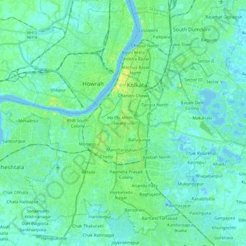 Mapa topográfico Kolkata, altitud, relieve