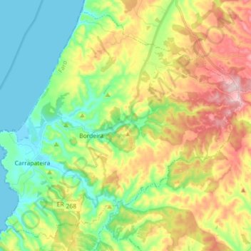 Mapa topográfico Bordeira, altitud, relieve