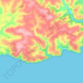 Mapa topográfico Polperro, altitud, relieve
