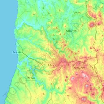 Mapa topográfico Mafra, altitud, relieve