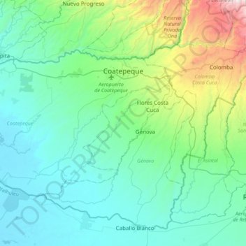Mapa topográfico Coatepeque, altitud, relieve