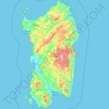 Mapa topográfico Sardinië, altitud, relieve