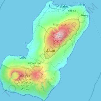 Mapa topográfico Bioko, altitud, relieve