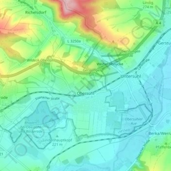 Mapa topográfico Obersuhl, altitud, relieve