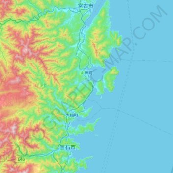 Mapa topográfico 下閉伊郡, altitud, relieve