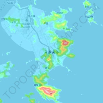 Mapa topográfico 朱家尖岛, altitud, relieve