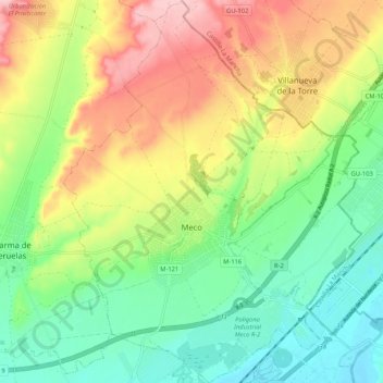 Mapa topográfico Meco, altitud, relieve