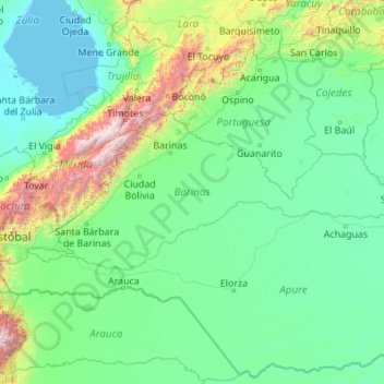 Mapa topográfico Estado Barinas, altitud, relieve