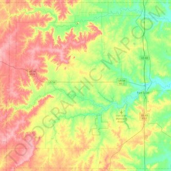 Mapa topográfico Bourbon County, altitud, relieve