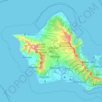 Mapa topográfico Oʻahu, altitud, relieve