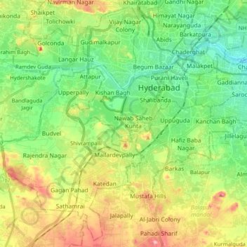 Mapa topográfico Greater Hyderabad Municipal Corporation South Zone, altitud, relieve