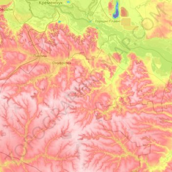 Mapa topográfico Онуфріївська селищна громада, altitud, relieve